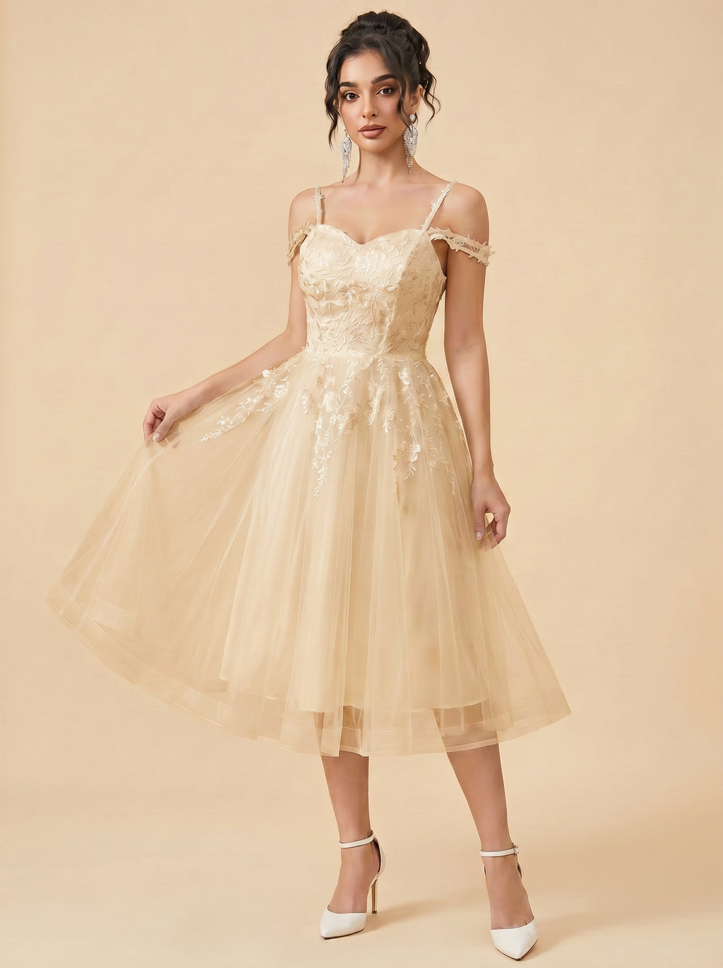 Off-the-shoulder/spaghetti strap midi Wedding Dresses,Tulle prom Dress