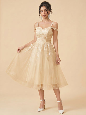 Off-the-shoulder/spaghetti strap midi Wedding Dresses,Tulle prom Dress