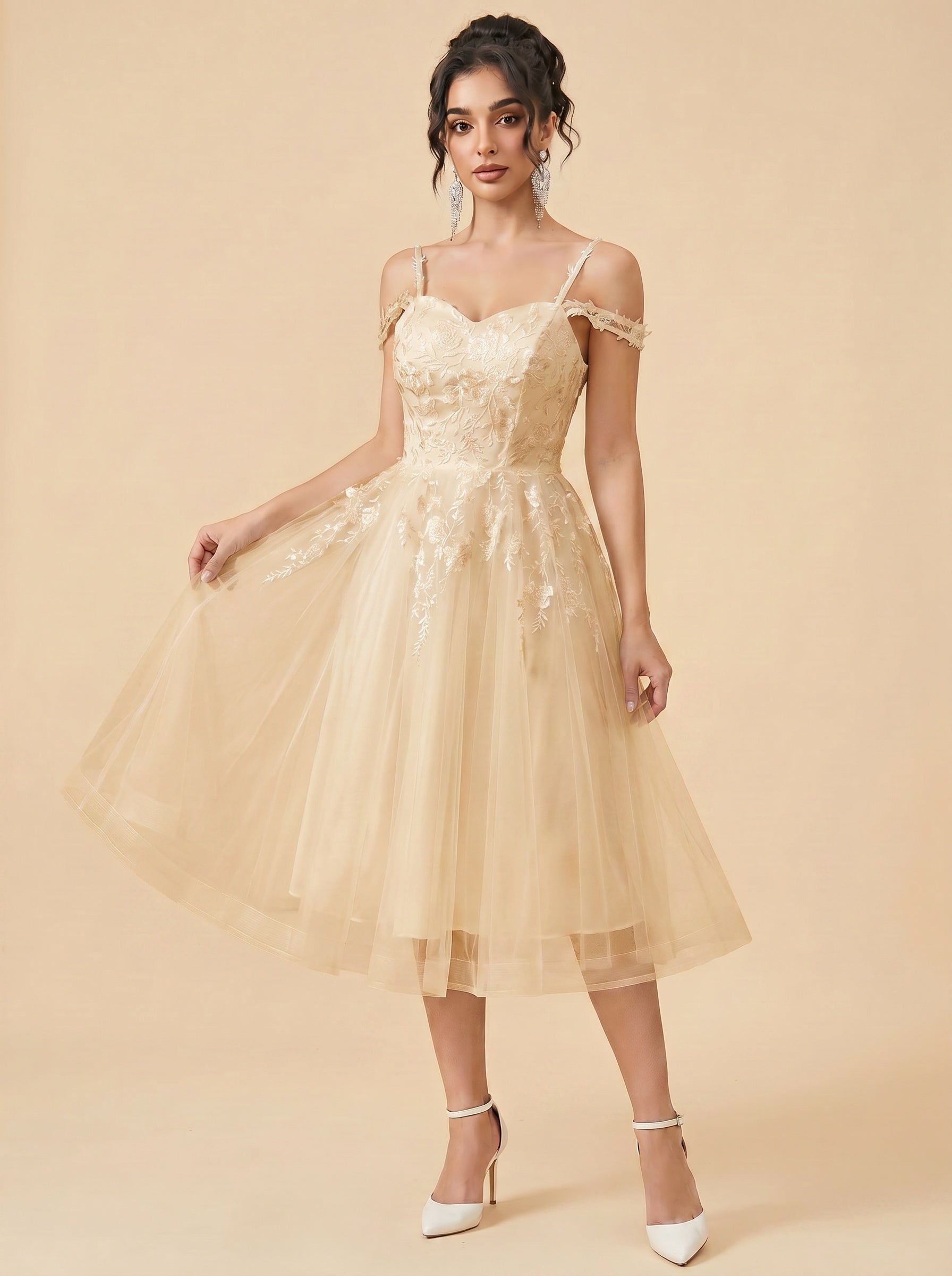 Off-the-shoulder/spaghetti strap midi Wedding Dresses,Tulle prom Dress