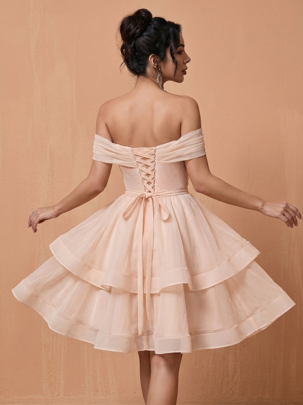 Short off-shoulder layered chiffon prom dress