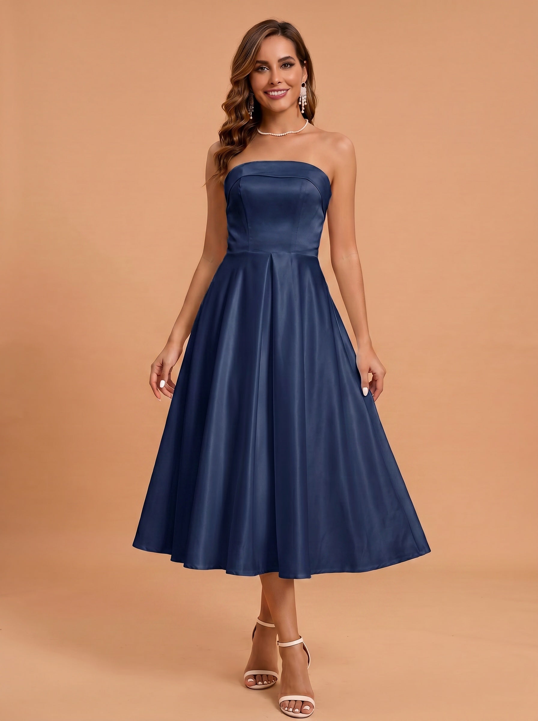 Classic folded satin white dress with pockets，midi length prom Dress