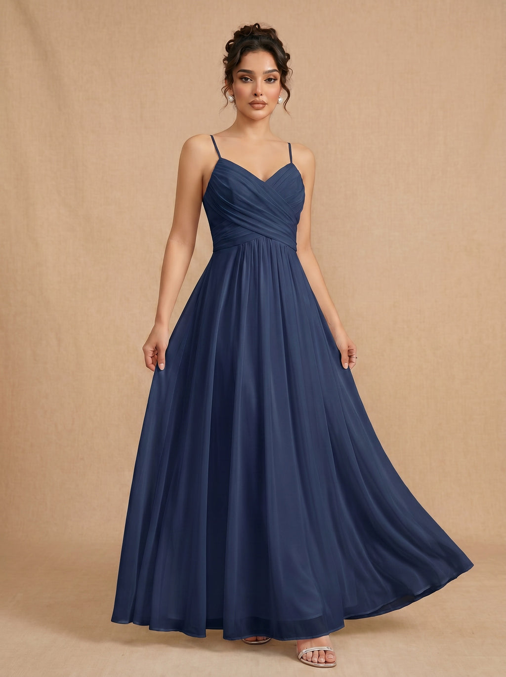 Lace up spaghetti strap ruched bust backless Chiffon bridesmaid dress