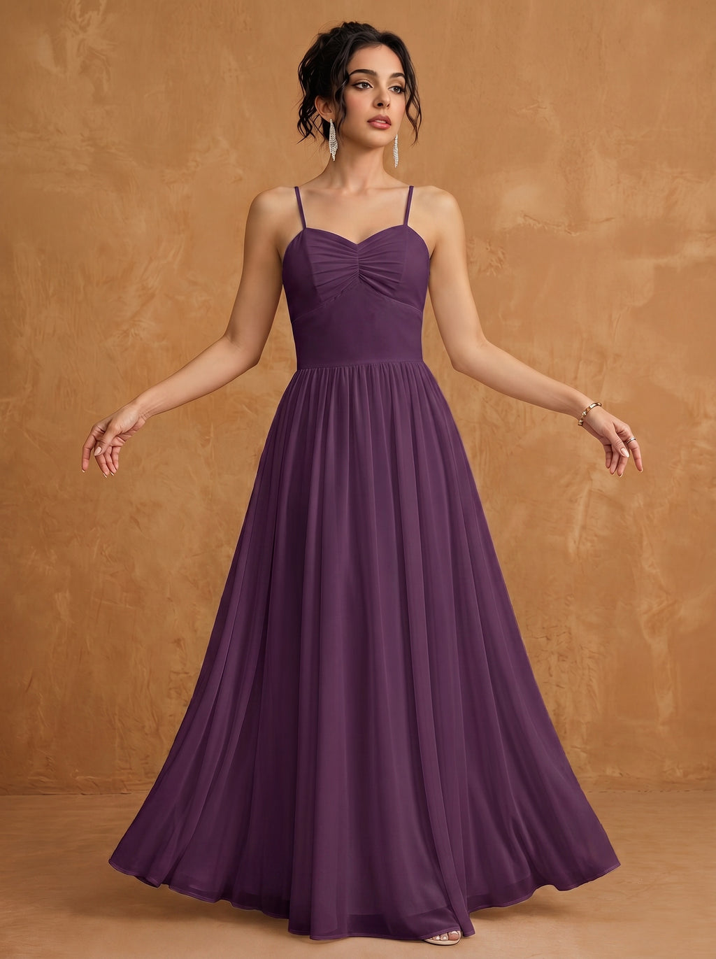 Lace up spaghetti strap ruched bust backless Chiffon bridesmaid dress