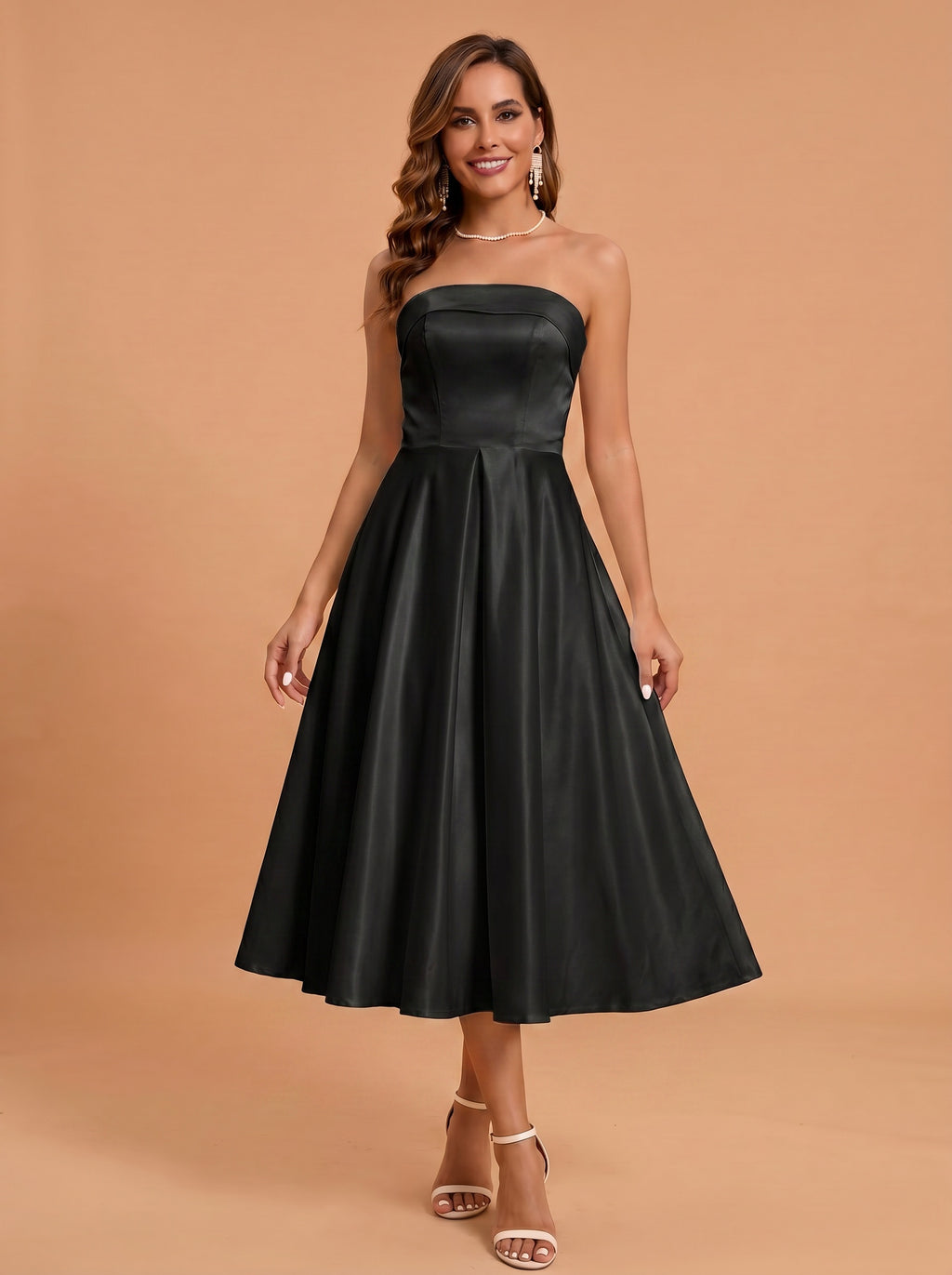 Classic folded satin white dress with pockets，midi length prom Dress