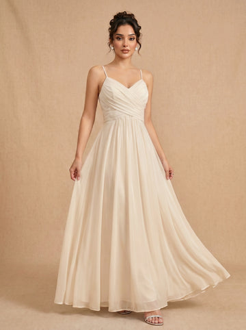 Lace up spaghetti strap ruched bust backless Chiffon bridesmaid dress