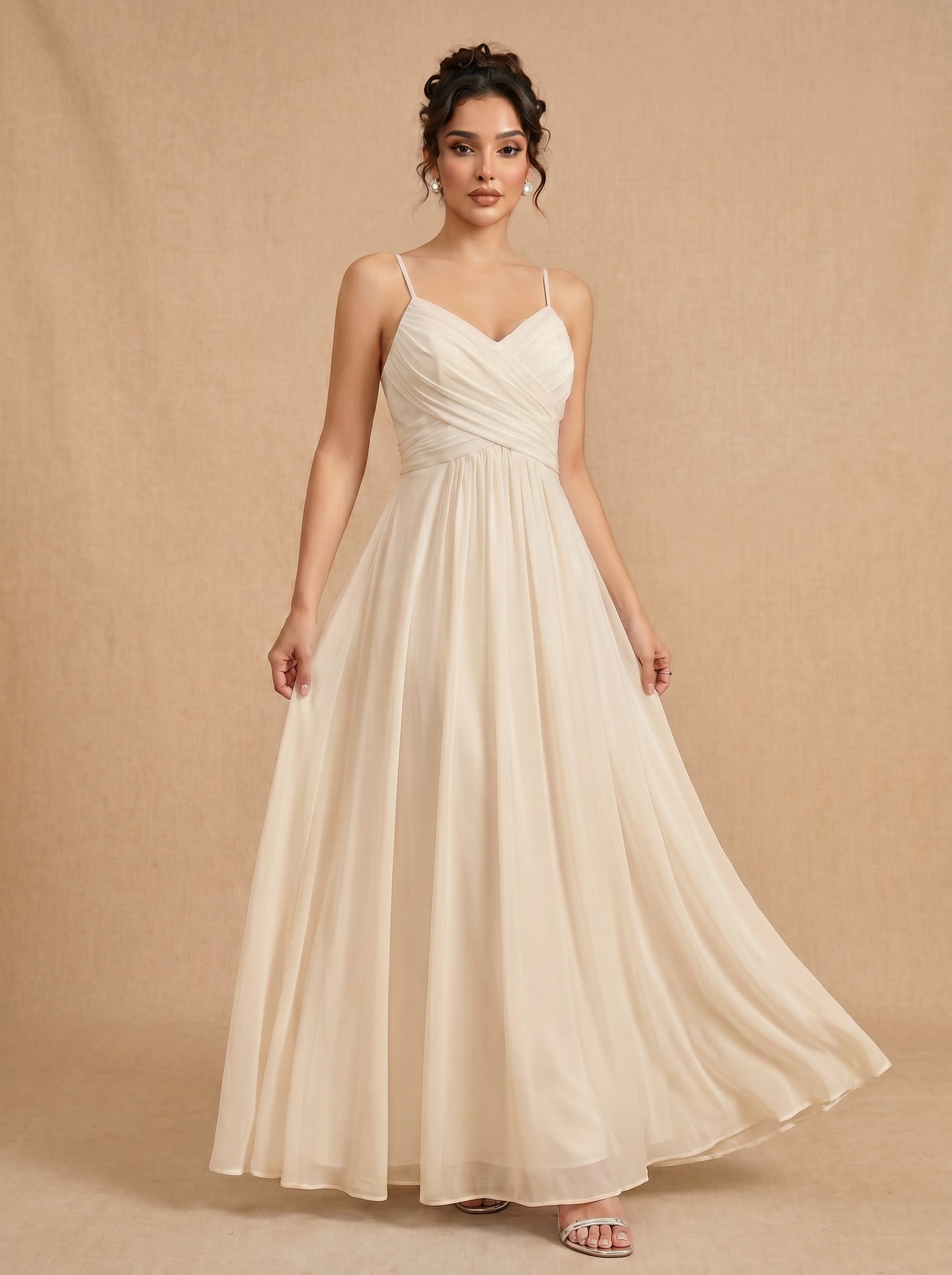 Lace up spaghetti strap ruched bust backless Chiffon bridesmaid dress