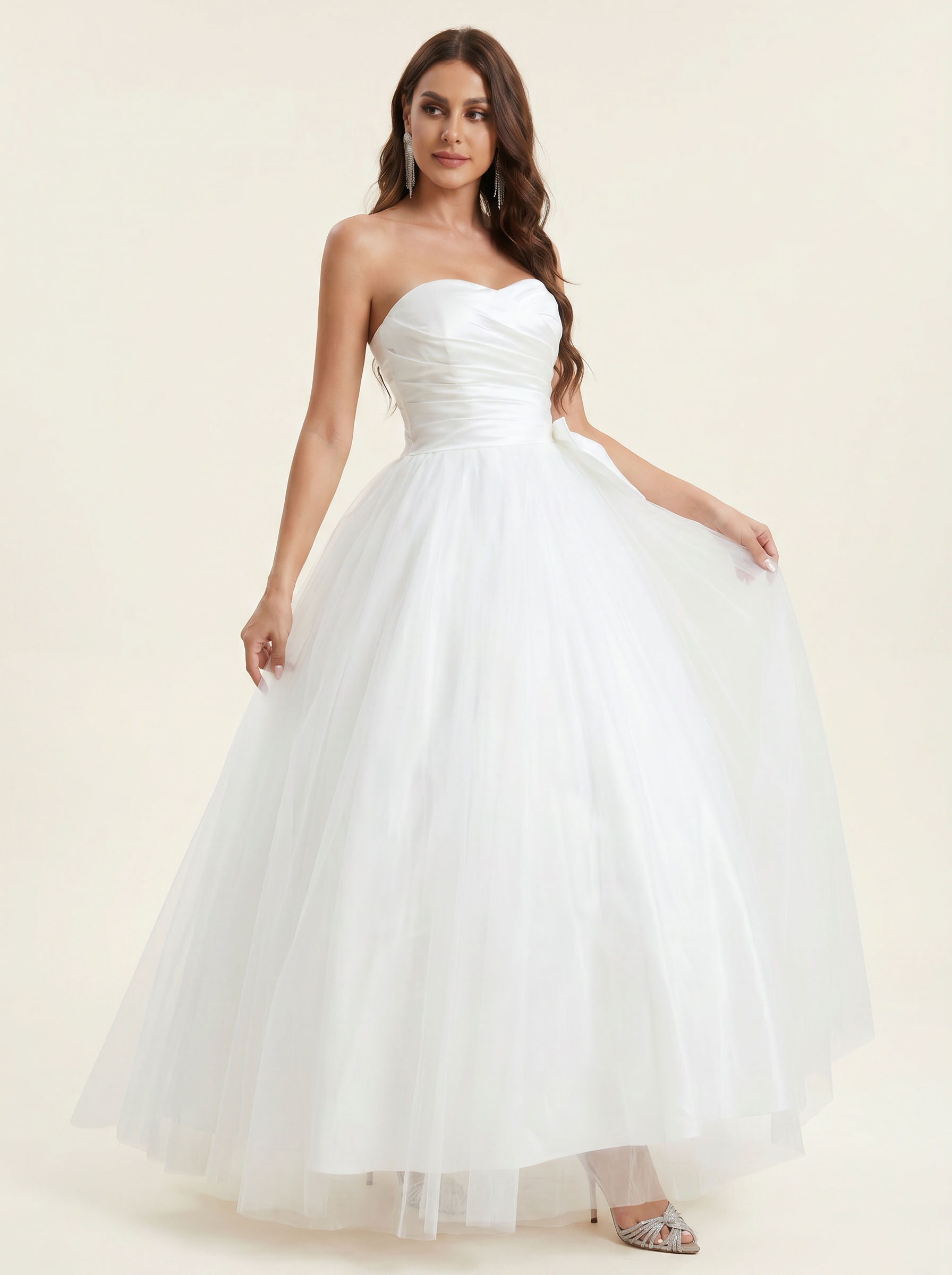 ruched bust satin wedding dress with bow