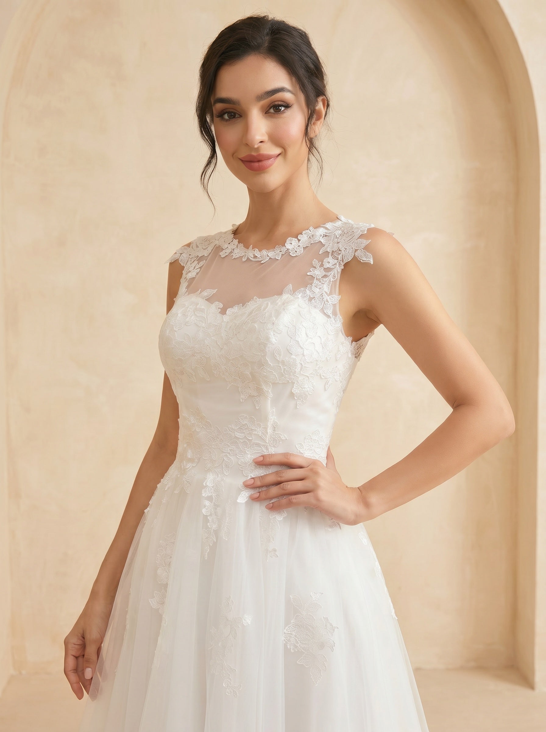 Handmade appliques midi Wedding Dress