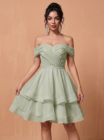Short off-shoulder layered chiffon prom dress