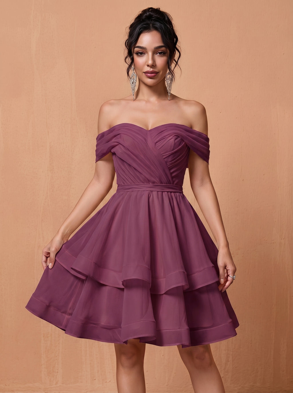 Short off-shoulder layered chiffon prom dress