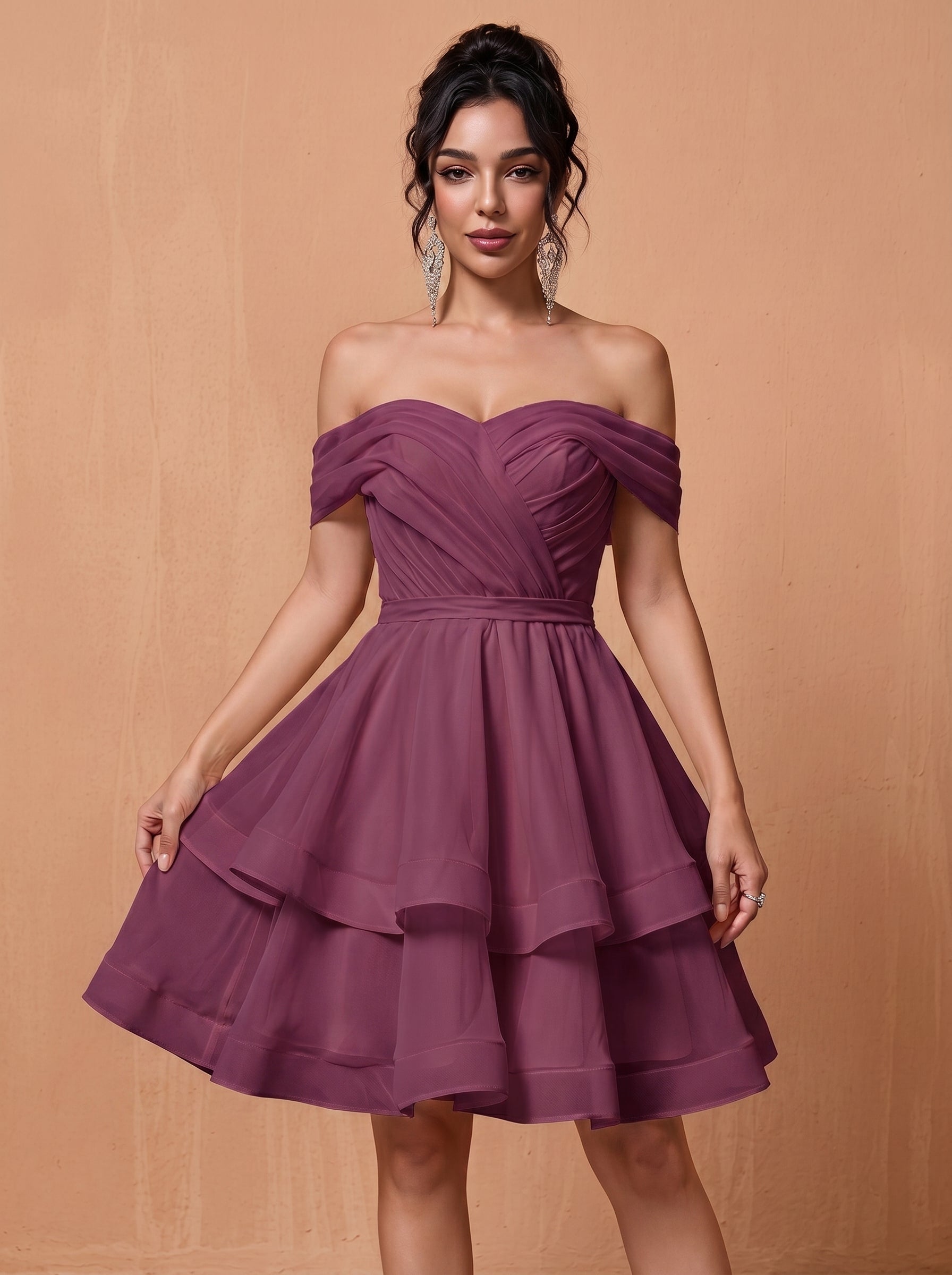 Short off-shoulder layered chiffon prom dress