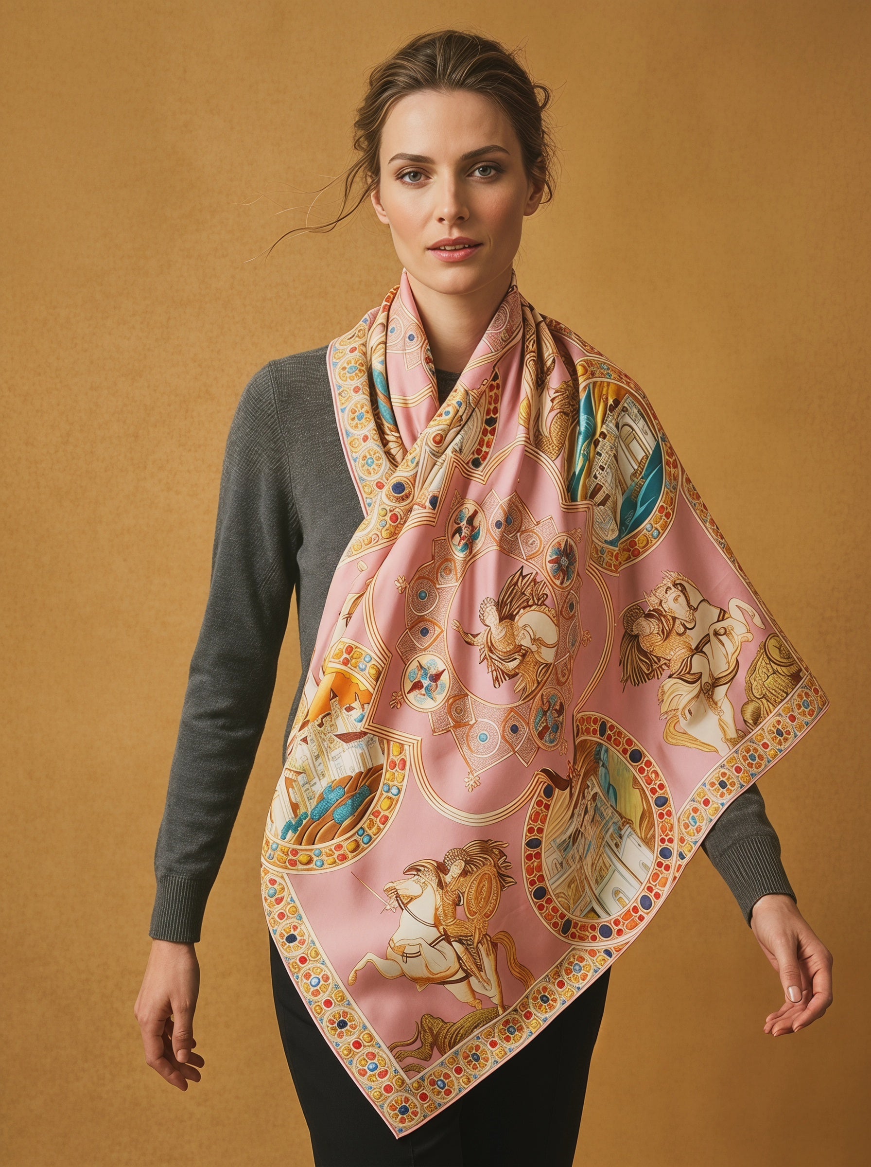 43.3in Vintage style print 100% mulberry Silk scarf accessories，Beach sunscreen scarf