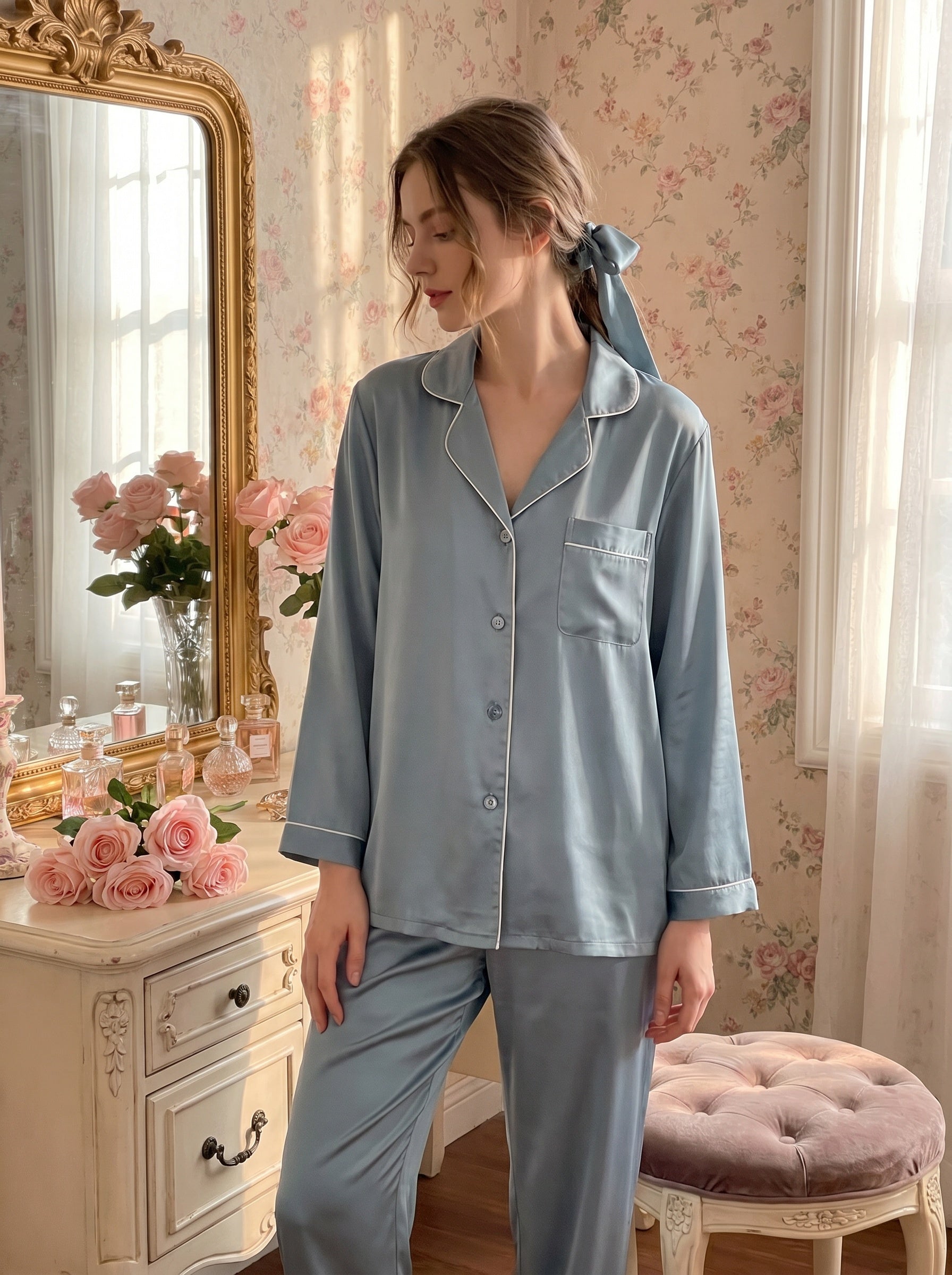 Color blocking 100% mulberry silk pajama set, bride/bridesmaid gift