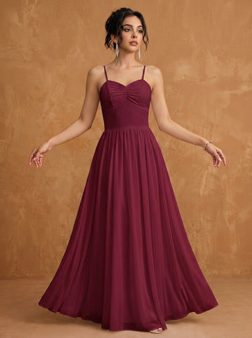 Lace up spaghetti strap ruched bust backless Chiffon bridesmaid dress