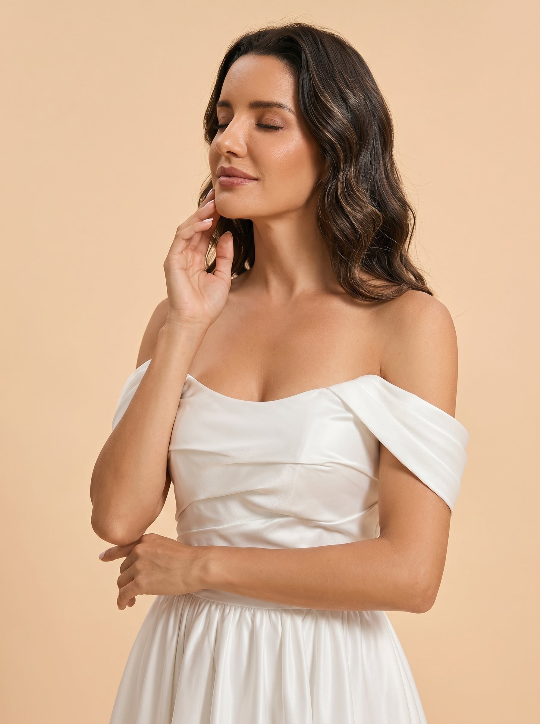 Ruched bust satin off-shoulder wedding dress
