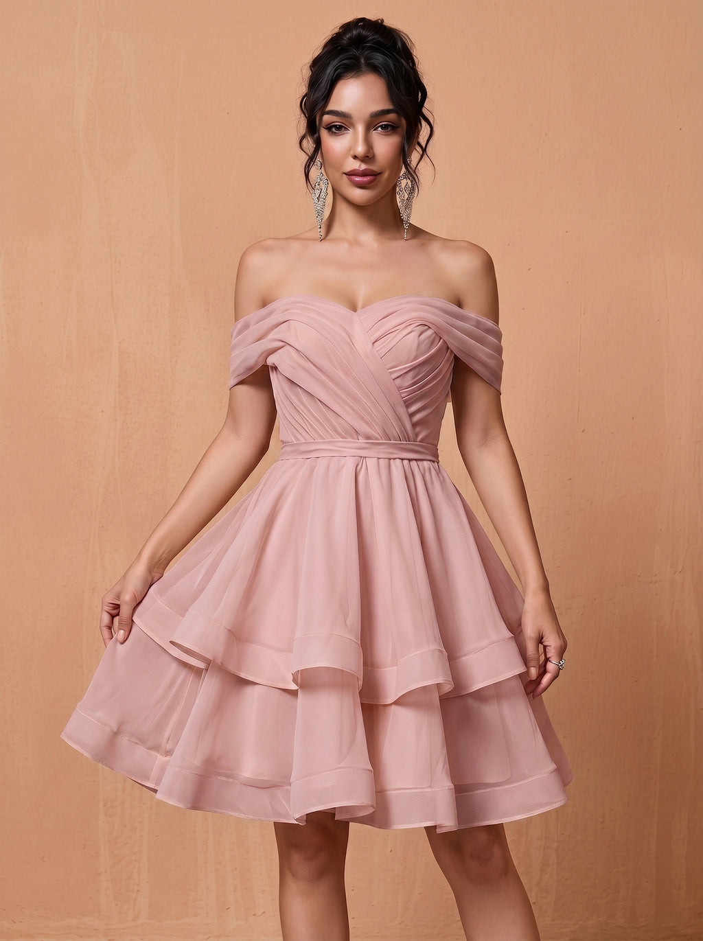 Short off-shoulder layered chiffon prom dress