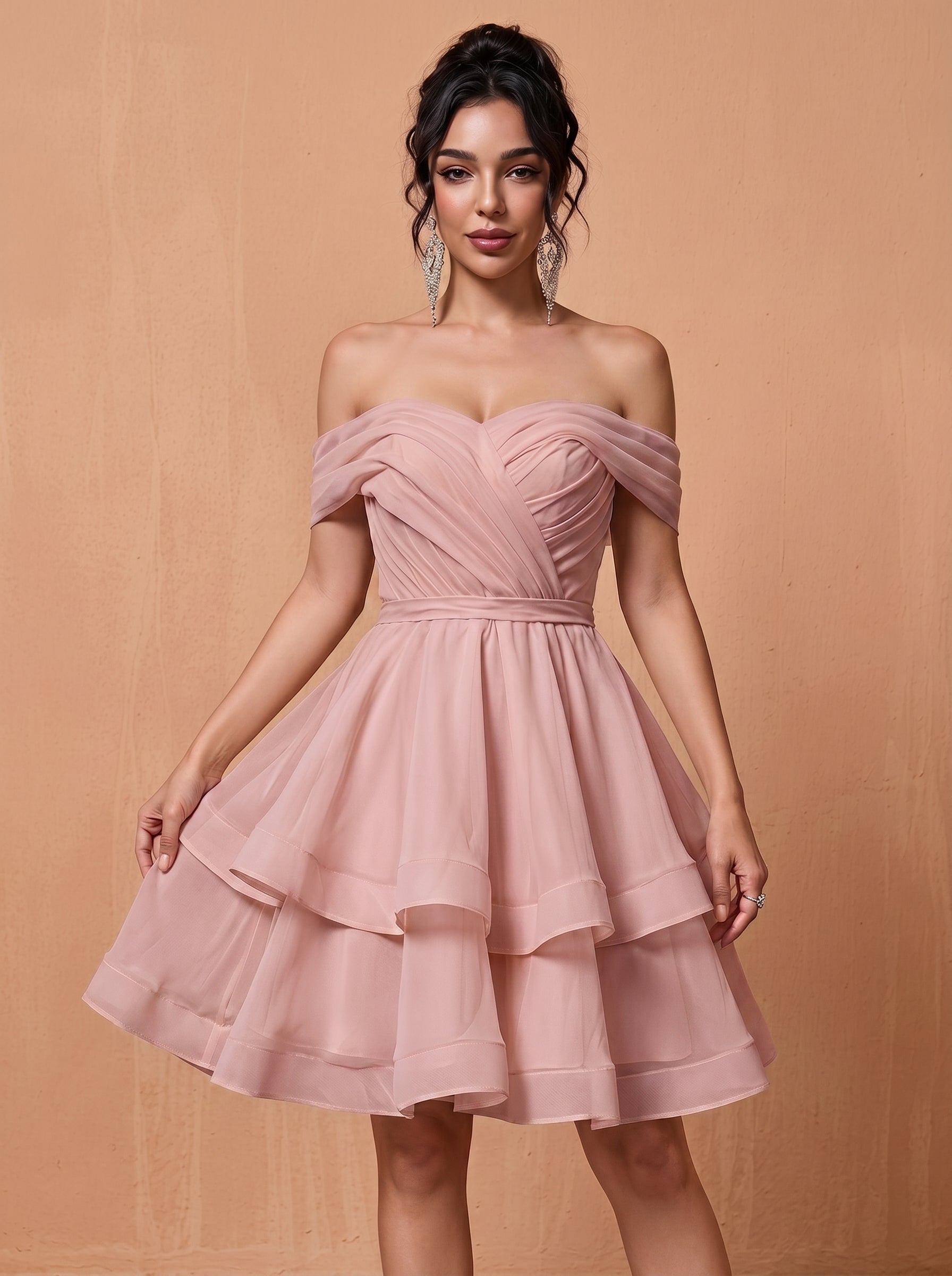 Short off-shoulder layered chiffon prom dress