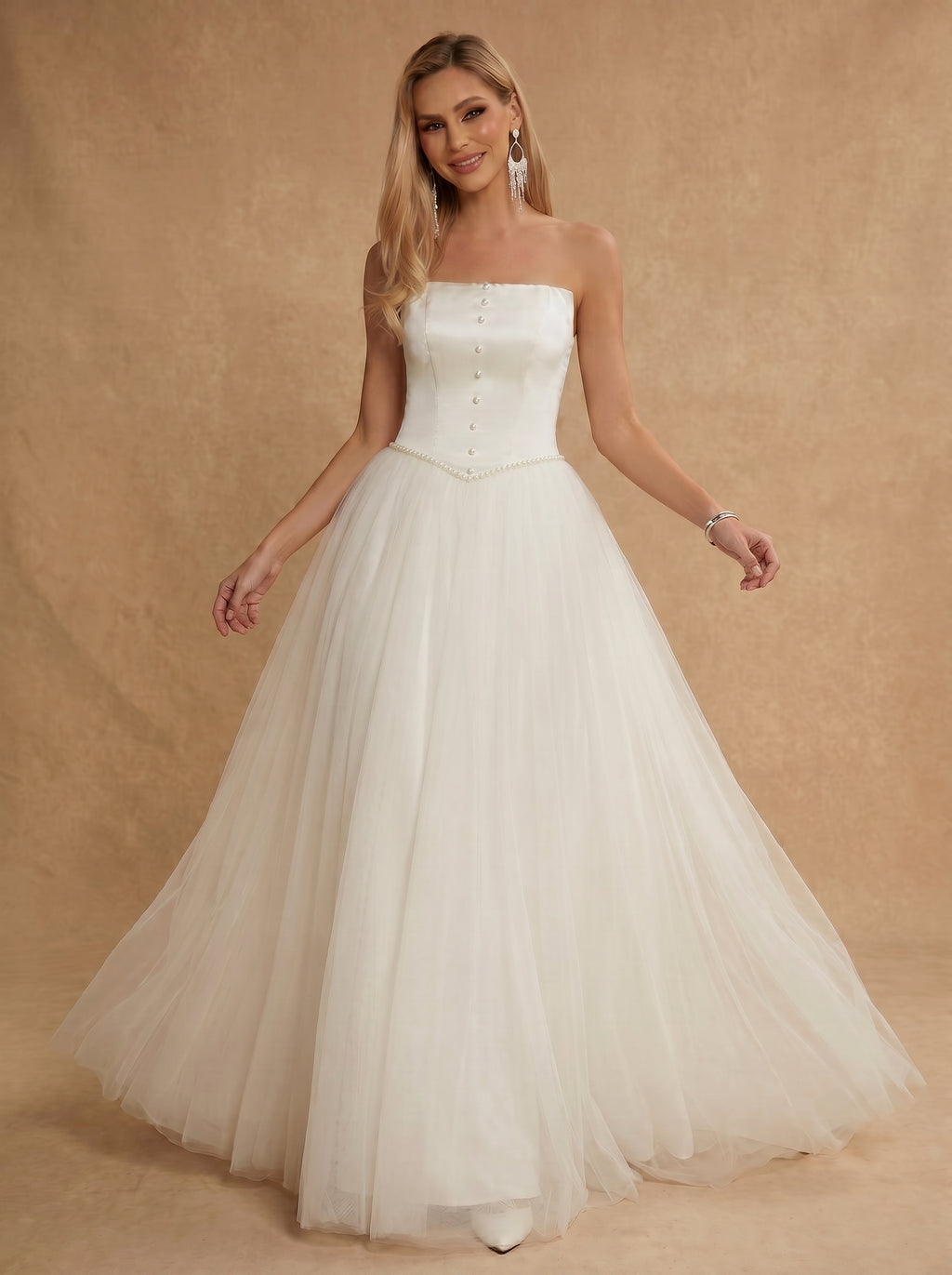 Imitation pearl embellishment trailing satin wedding dress