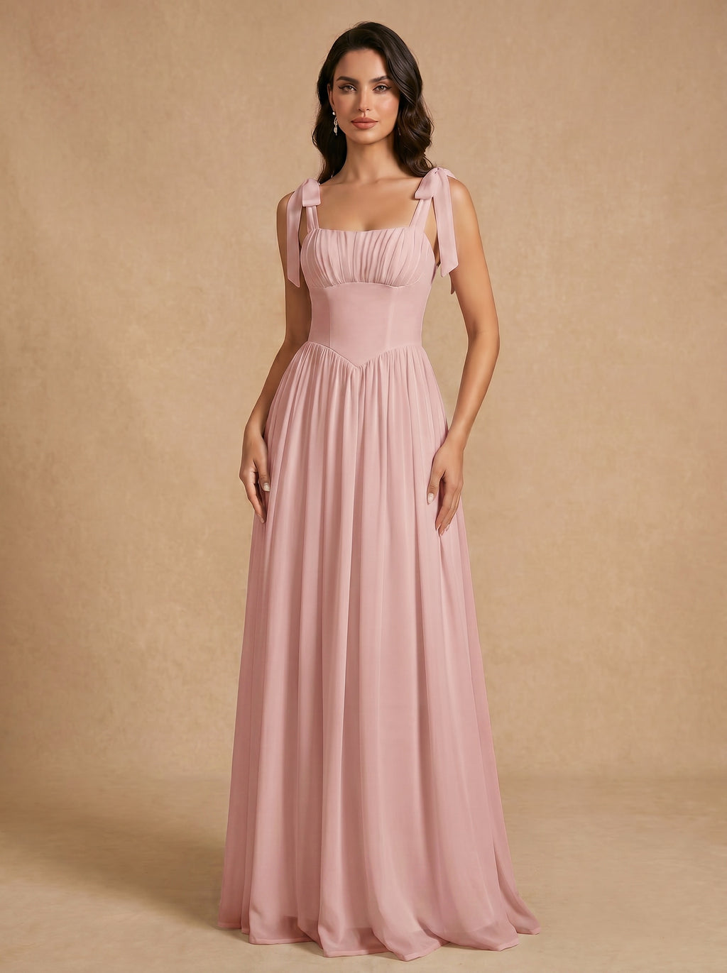 Lace up ruched bust Chiffon bridesmaid dress