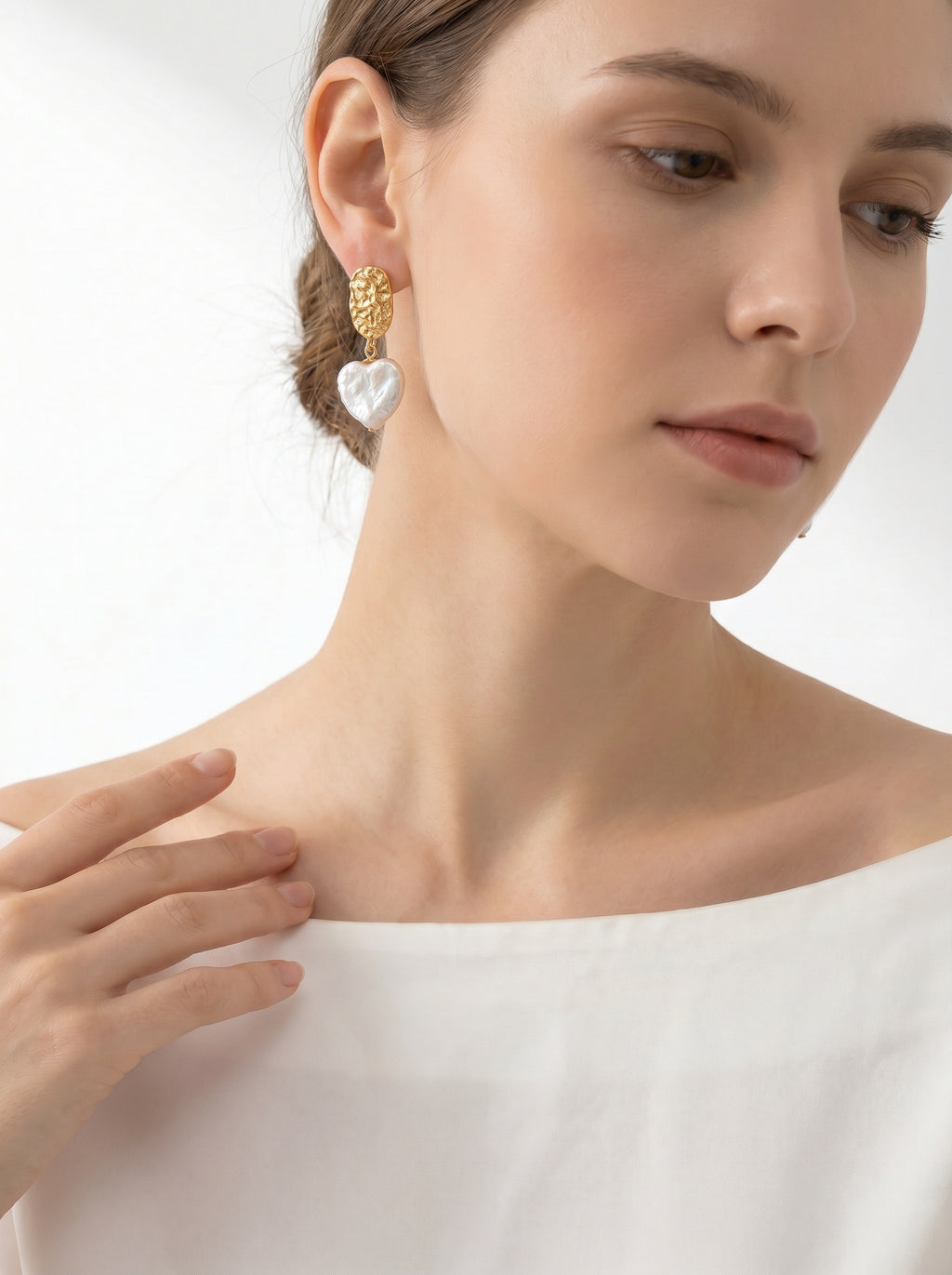 Retro heart nature Baroque Pearls Gold Earrings, wedding jewelry for bride/bridesmaid