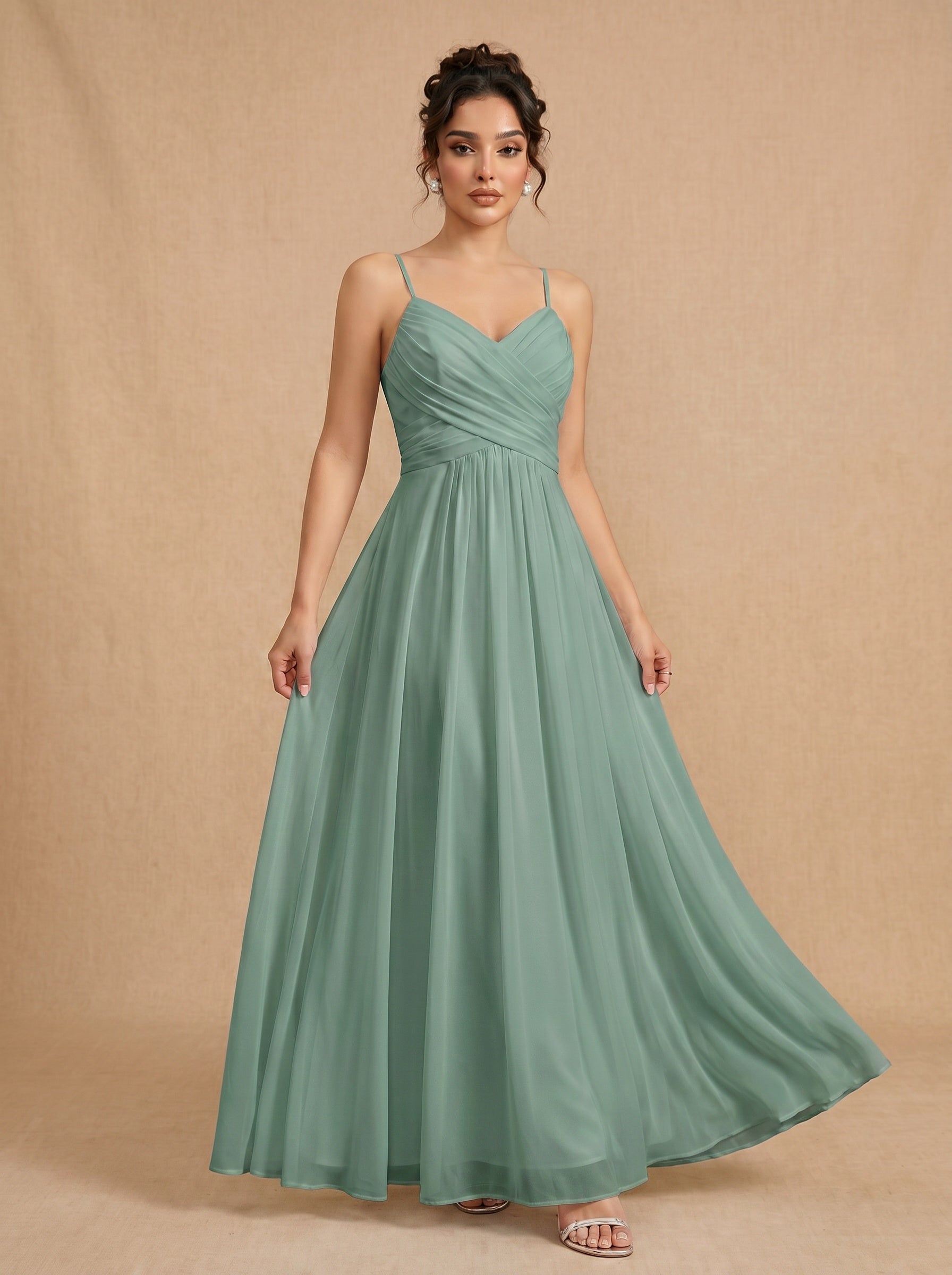 Lace up spaghetti strap ruched bust backless Chiffon bridesmaid dress