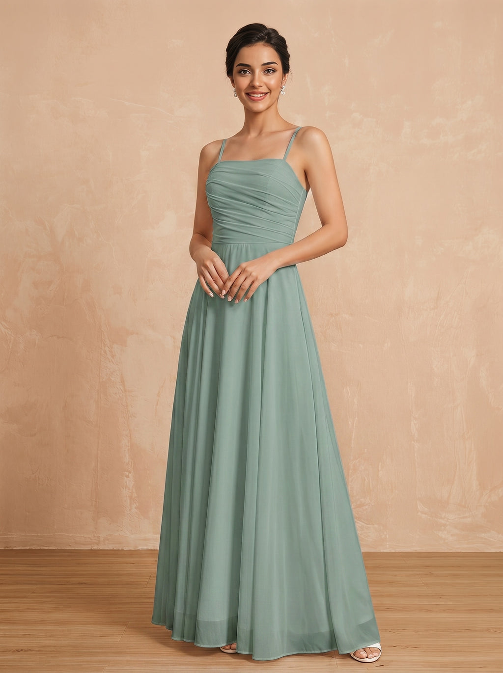 Lace up spaghetti strap ruched bust Chiffon bridesmaid dress