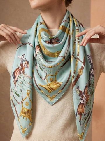 35.4in Mint green vintage style print 100% mulberry Silk scarf accessories