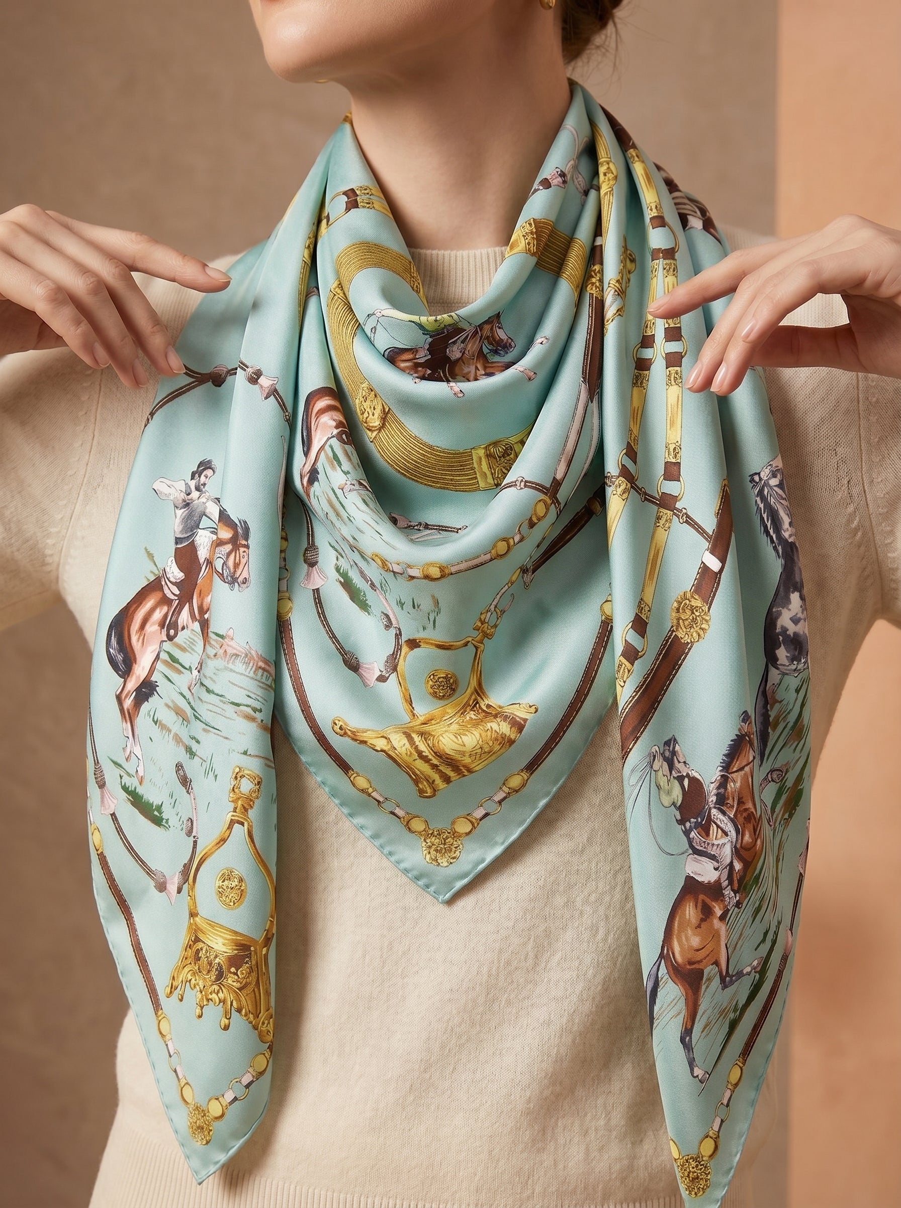 35.4in Mint green vintage style print 100% mulberry Silk scarf accessories