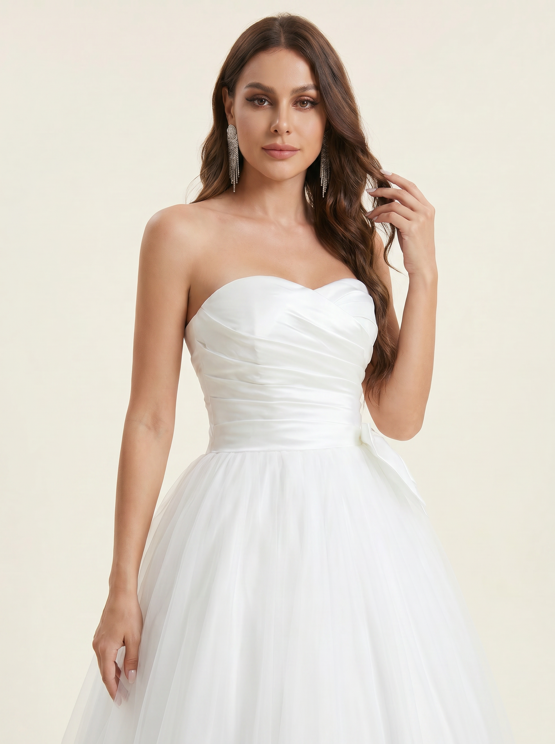 ruched bust satin wedding dress with bow