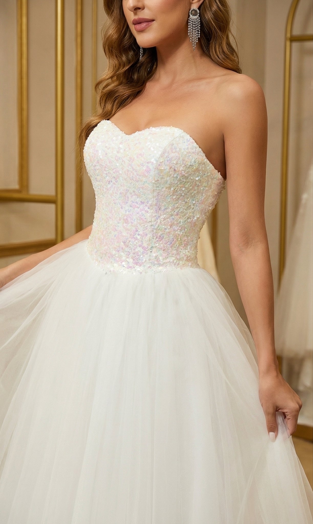 Gradient pink glitter strapless wedding dress