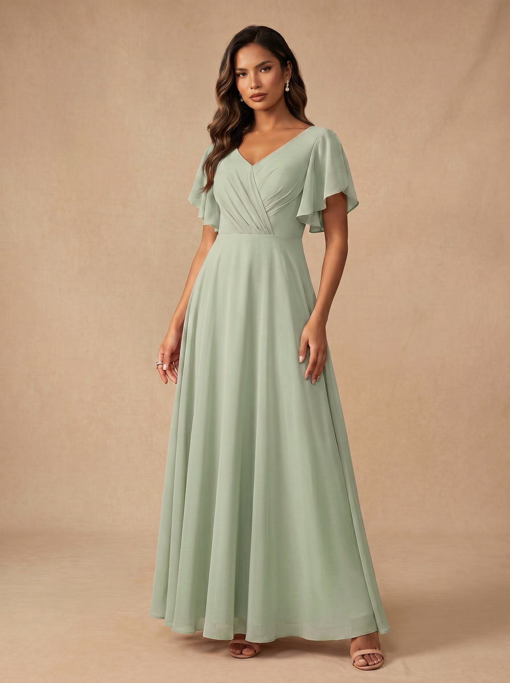 Ruched bust short sleeves Chiffon bridesmaid dress