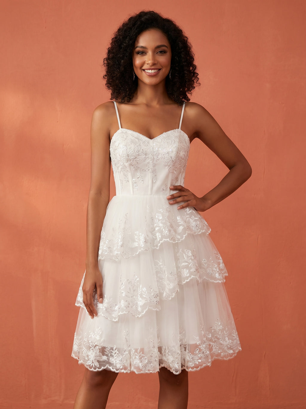 Asymmetric layered skirt, lace & sequins appliques wedding dress