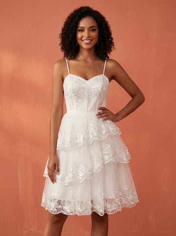 Asymmetric layered skirt, lace & sequins appliques wedding dress