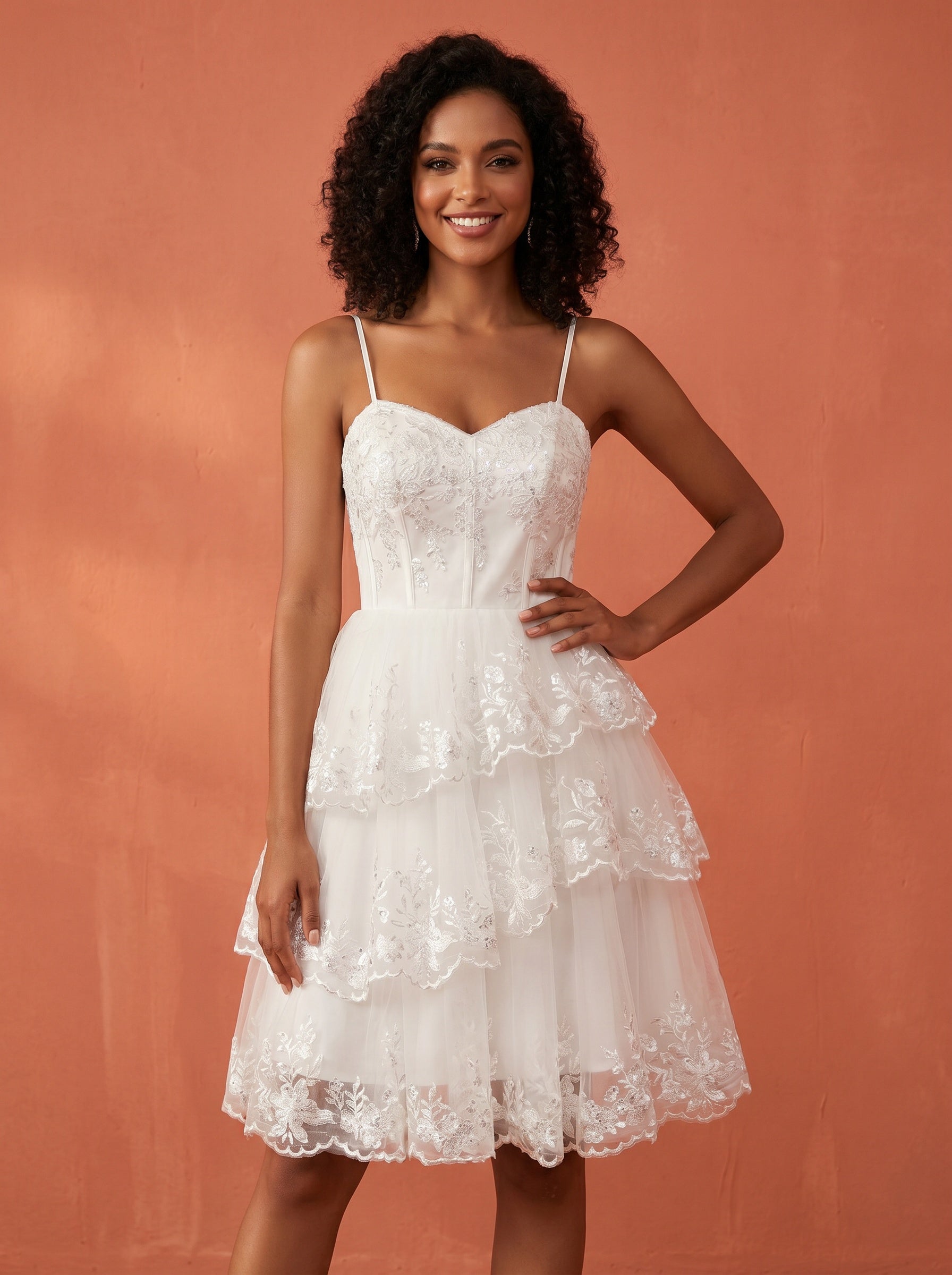 Asymmetric layered skirt, lace & sequins appliques wedding dress