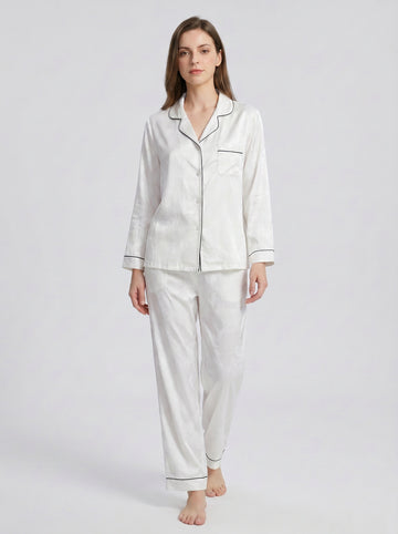 Bow Pattern Jacquard Color blocking 100% mulberry silk pajama set, bride/bridesmaid gift