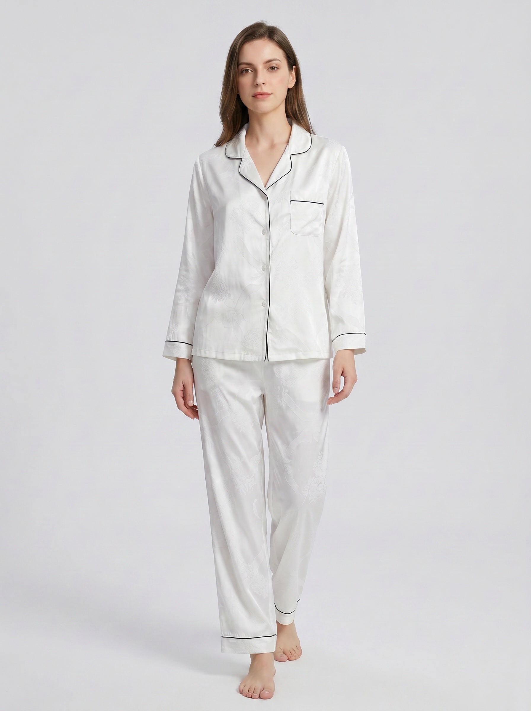 Bow Pattern Jacquard Color blocking 100% mulberry silk pajama set, bride/bridesmaid gift