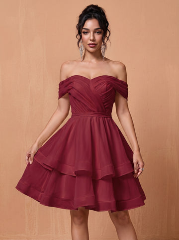 Short off-shoulder layered chiffon prom dress