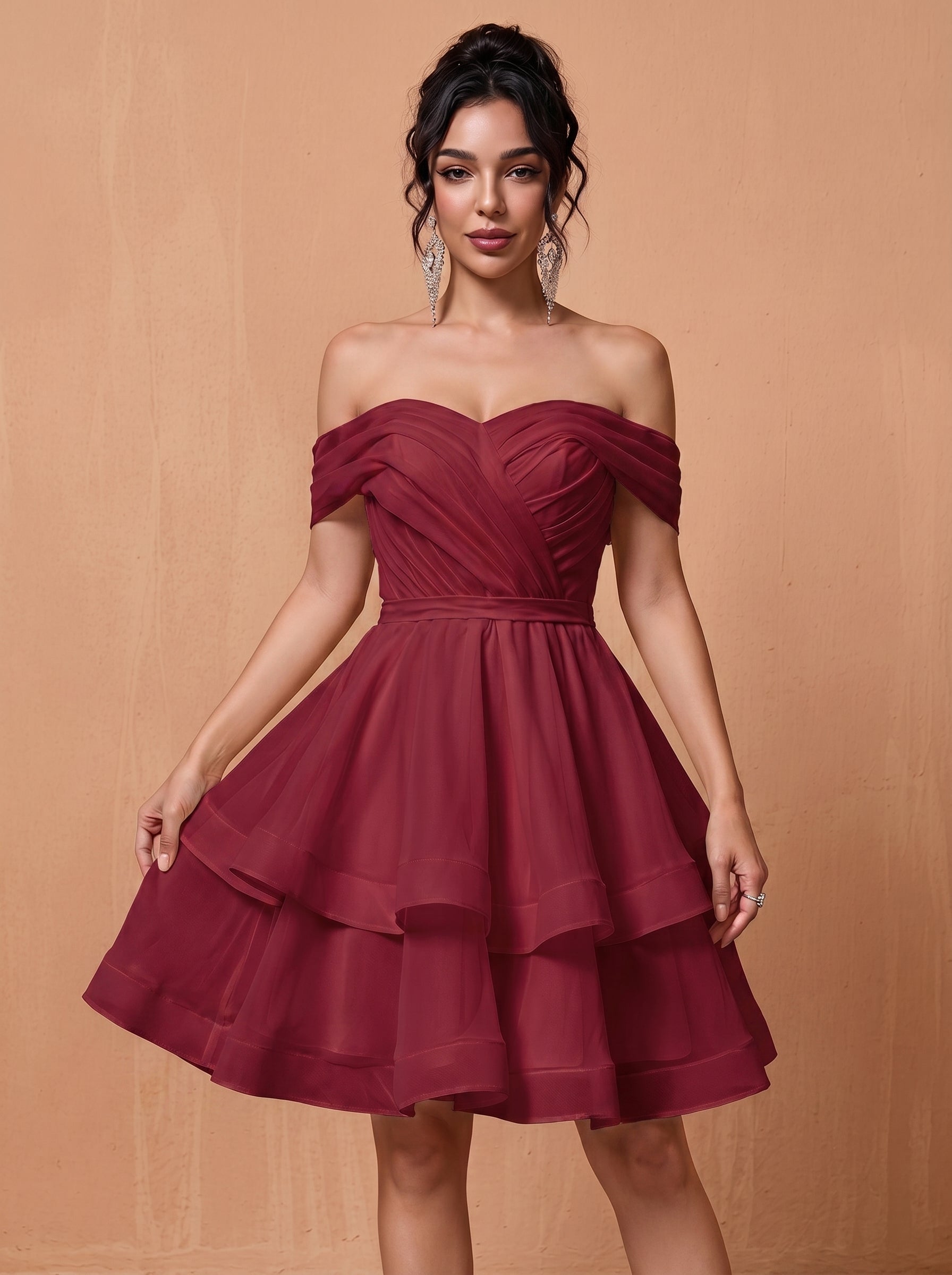 Short off-shoulder layered chiffon prom dress
