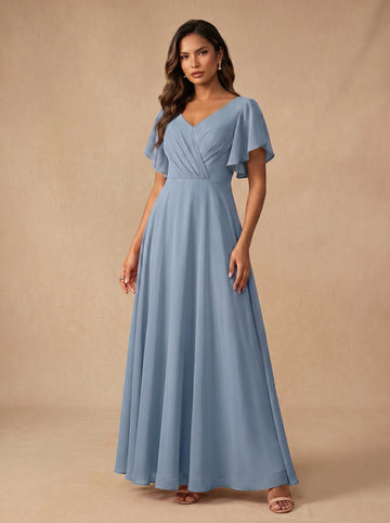 Ruched bust short sleeves Chiffon bridesmaid dress