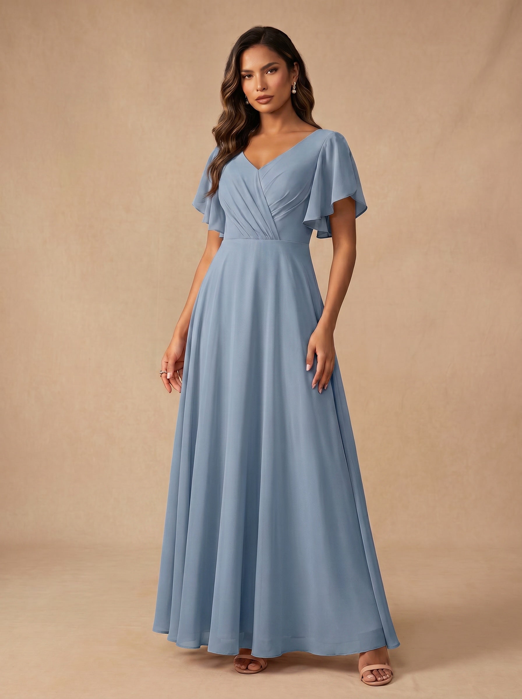 Ruched bust short sleeves Chiffon bridesmaid dress