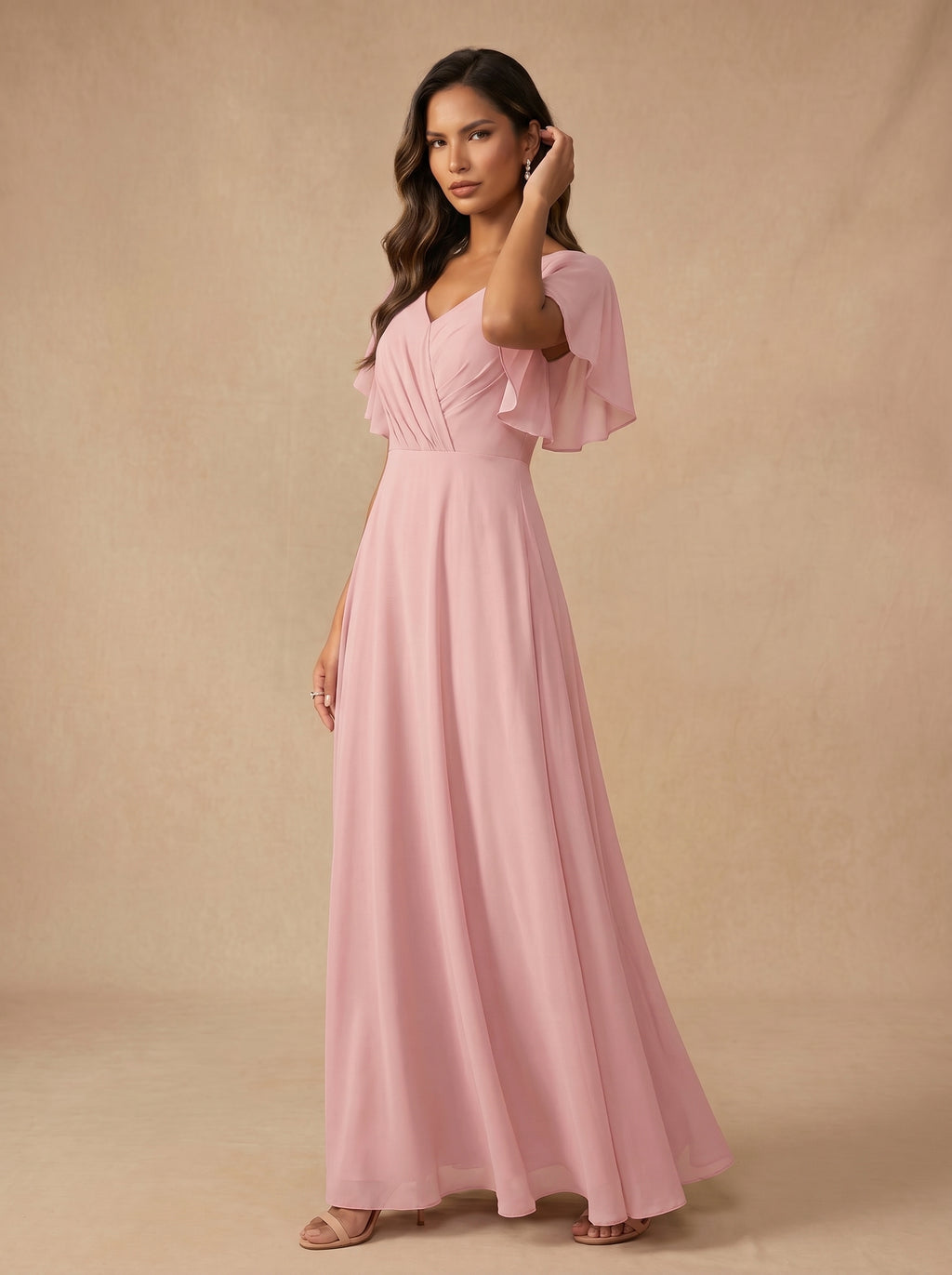 Ruched bust short sleeves Chiffon bridesmaid dress