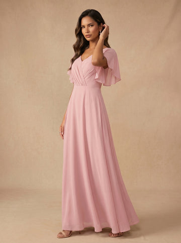 Ruched bust short sleeves Chiffon bridesmaid dress