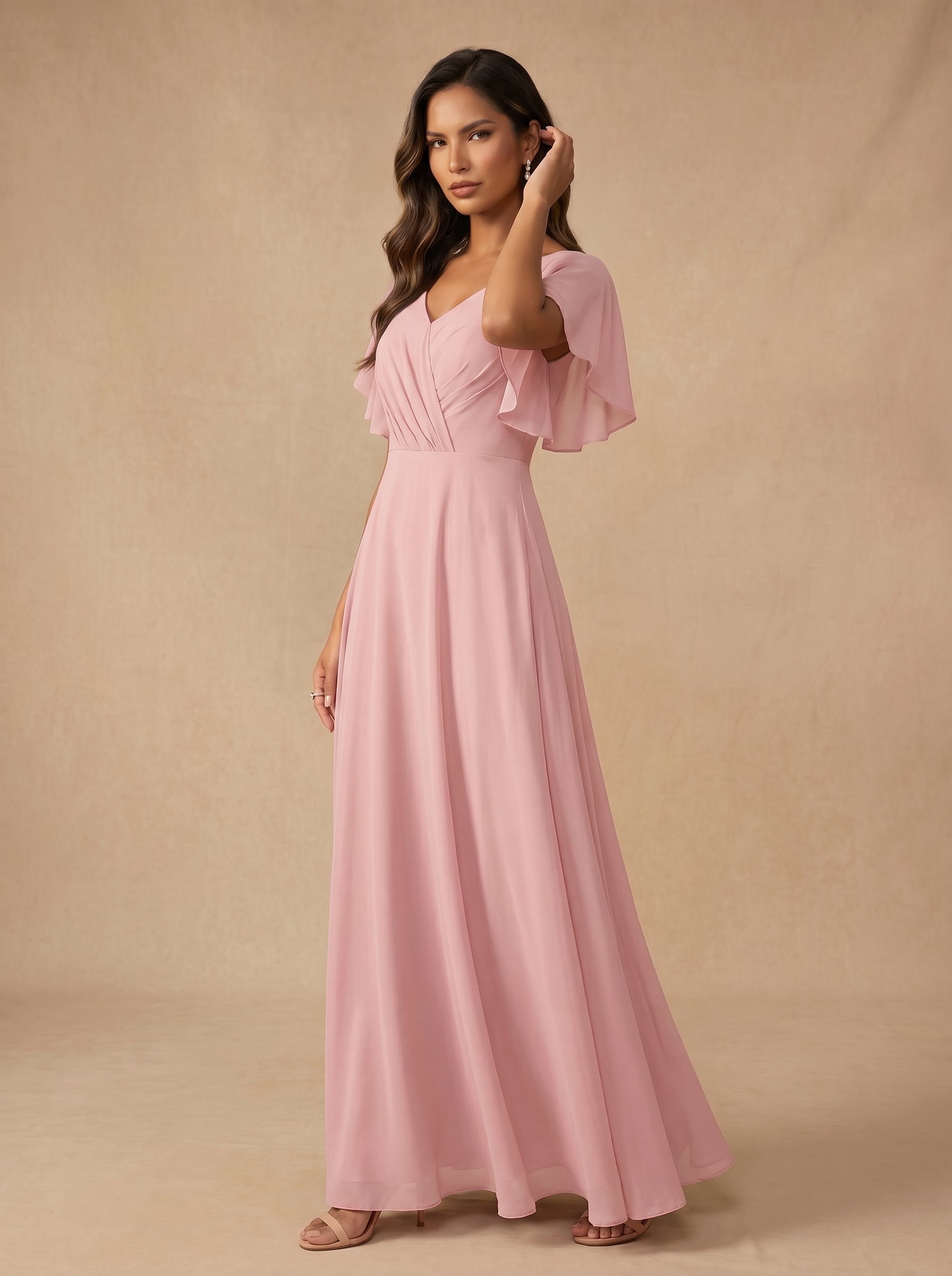 Ruched bust short sleeves Chiffon bridesmaid dress