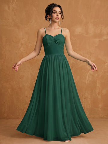 Lace up spaghetti strap ruched bust backless Chiffon bridesmaid dress