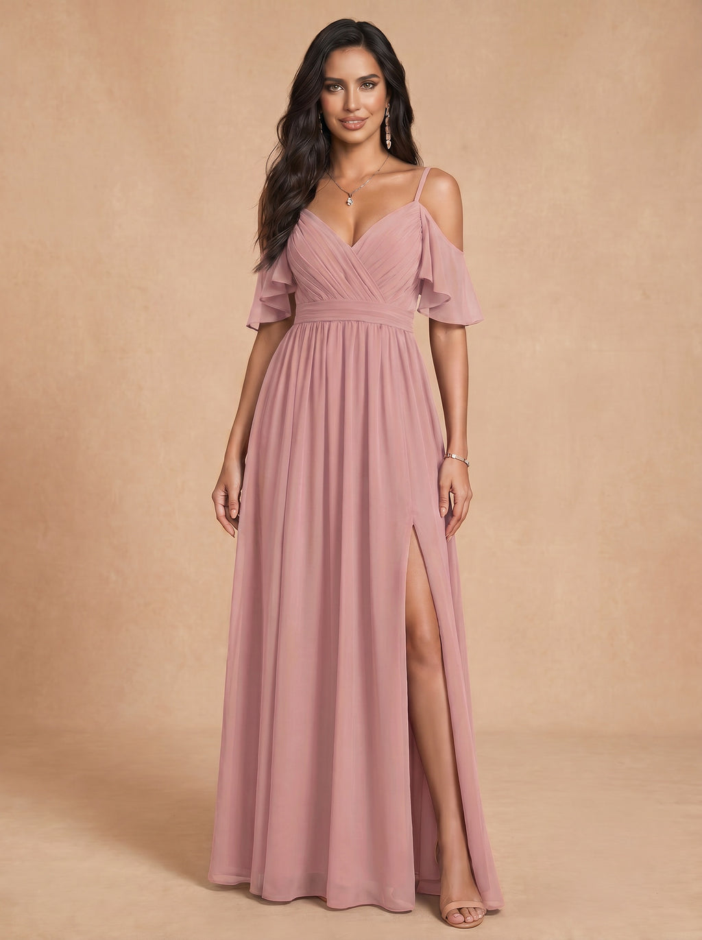 Ruched bust spaghetti strap side slit Chiffon bridesmaid dress