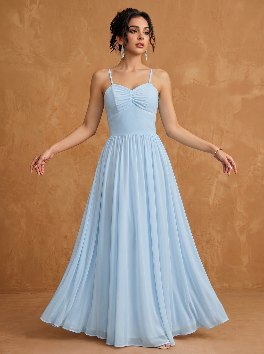 Lace up spaghetti strap ruched bust backless Chiffon bridesmaid dress