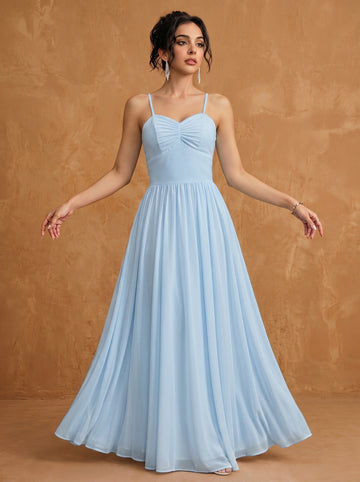 Lace up spaghetti strap ruched bust backless Chiffon bridesmaid dress