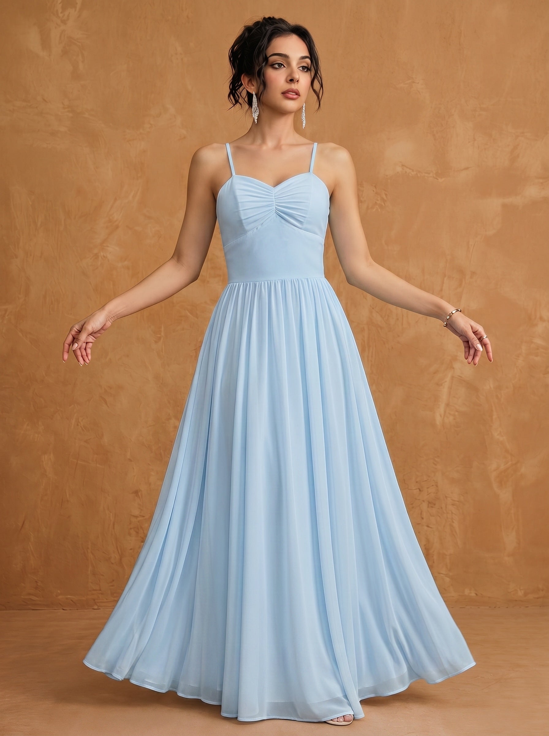 Lace up spaghetti strap ruched bust backless Chiffon bridesmaid dress