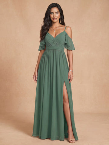 Ruched bust spaghetti strap side slit Chiffon bridesmaid dress