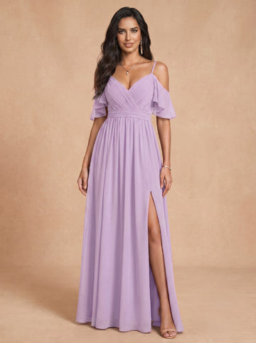 Ruched bust spaghetti strap side slit Chiffon bridesmaid dress